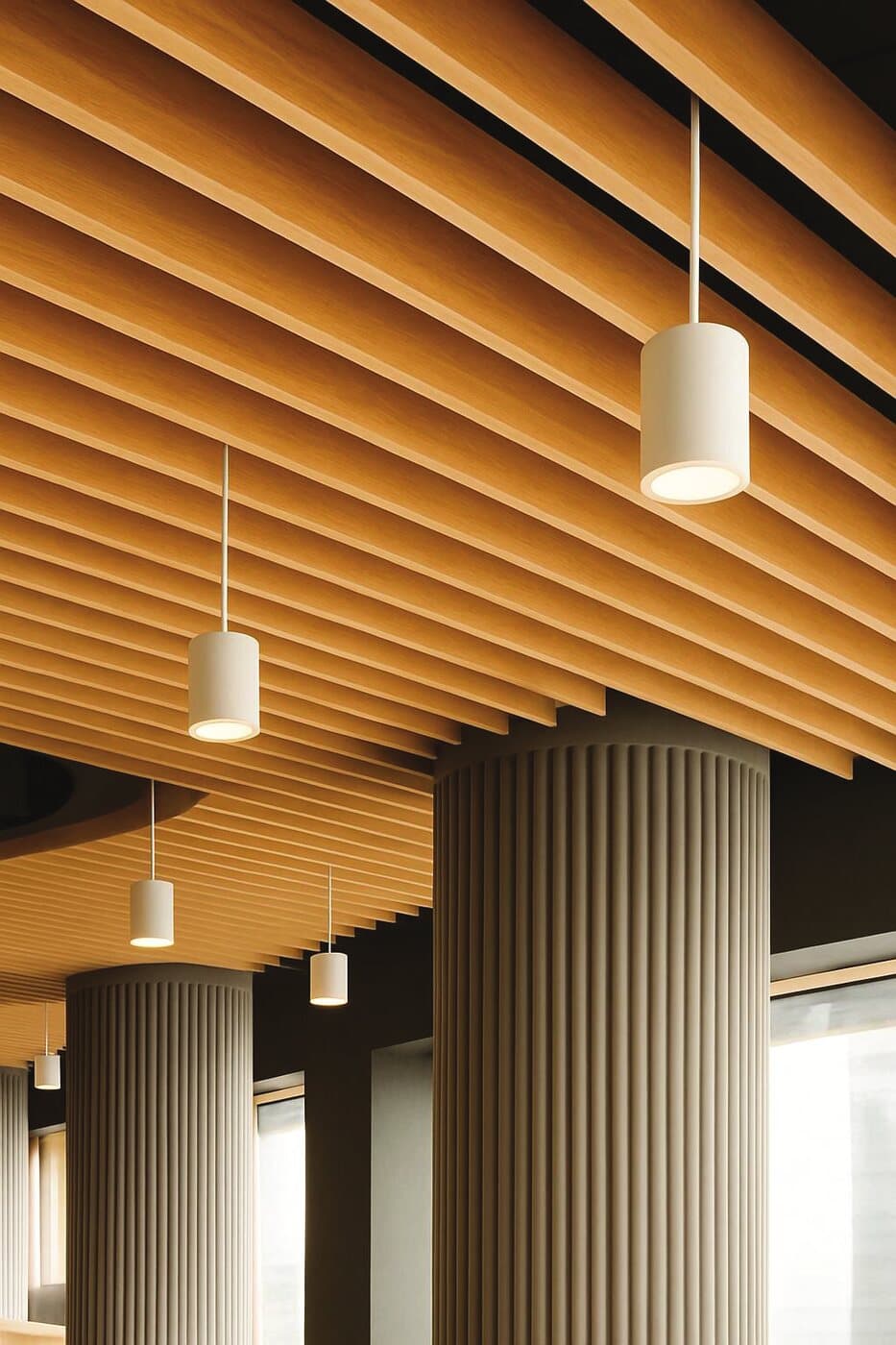 Timber baffle metal ceiling with pendant lights above a fluted timber screen