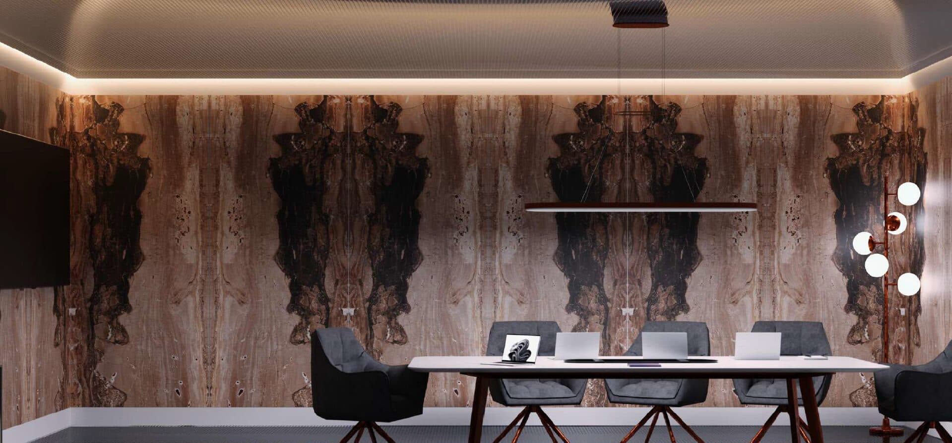 Boardroom with a bespoke printed acoustic panel wall behind the table