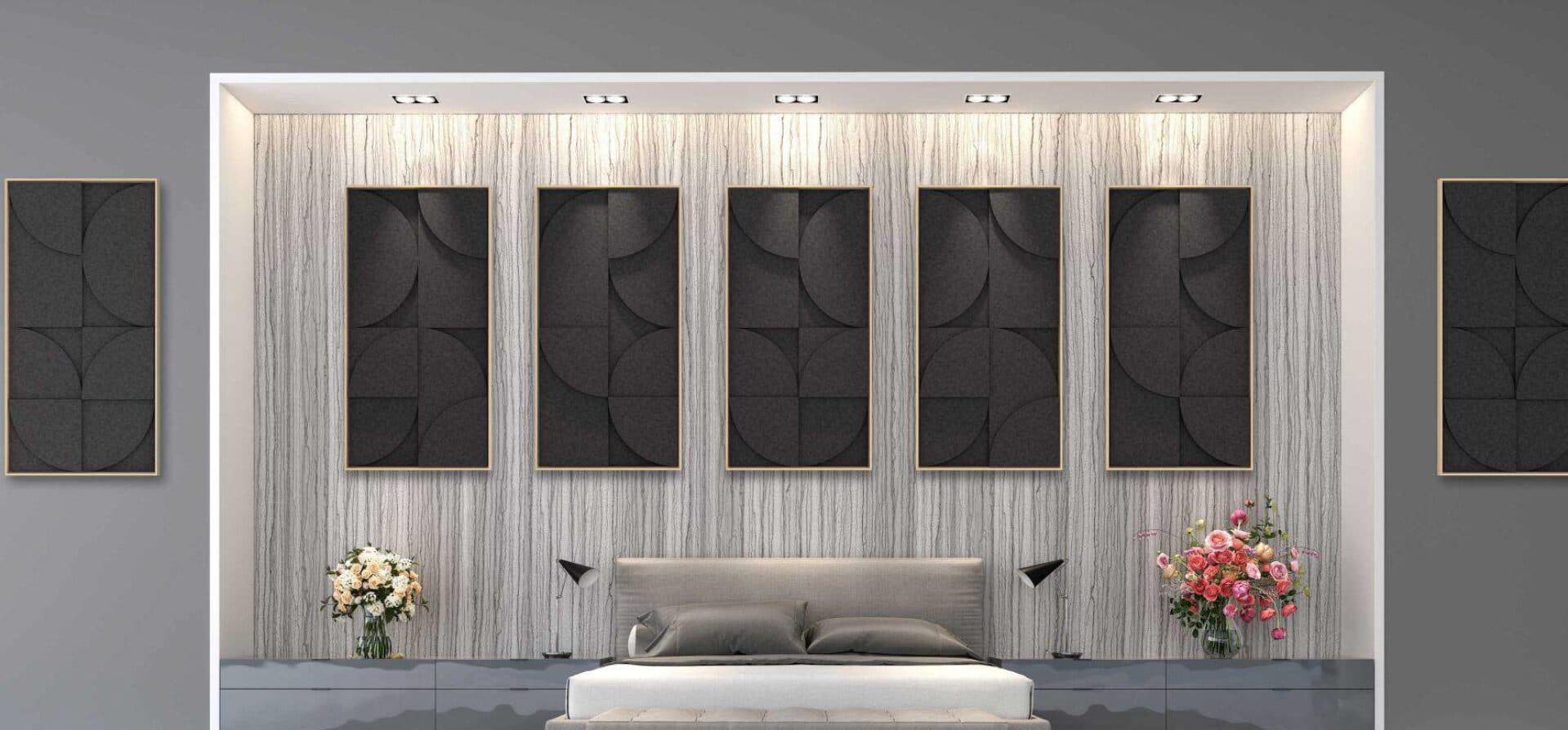 Bedroom suite with dark 3D framed acoustic panels above the bed