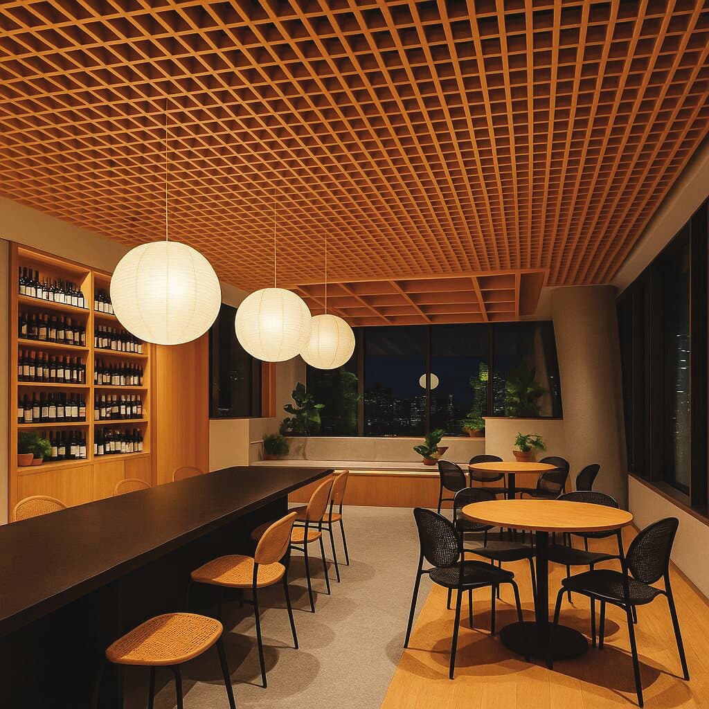Warm-lit café below a timber-finish open cell metal ceiling