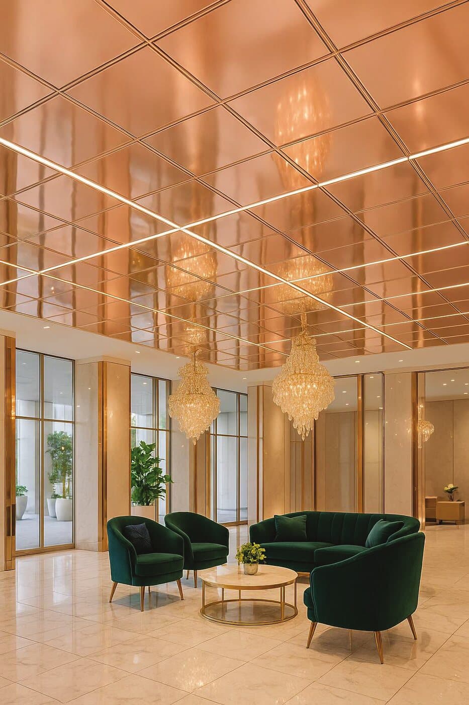 Double-height lobby with a copper coffered metal ceiling