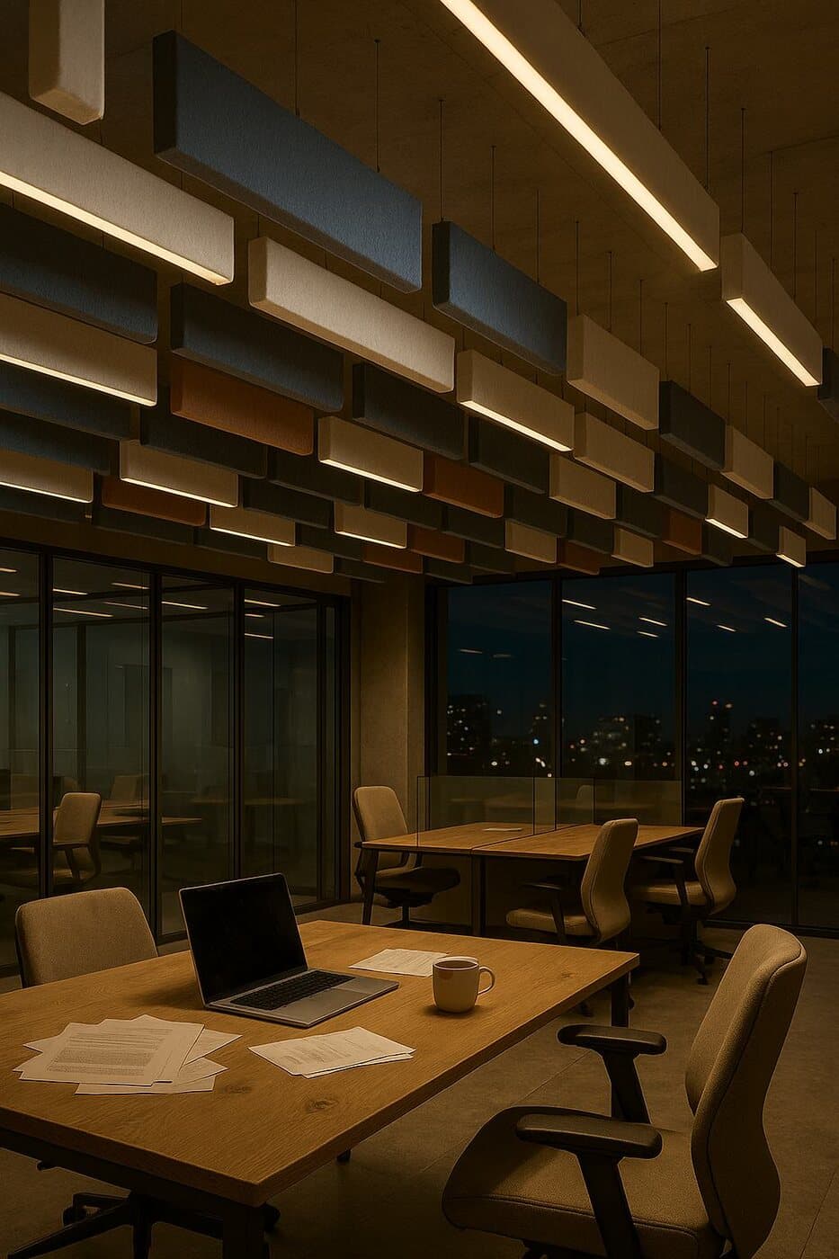 Colour acoustic baffles in a linear array above a workspace