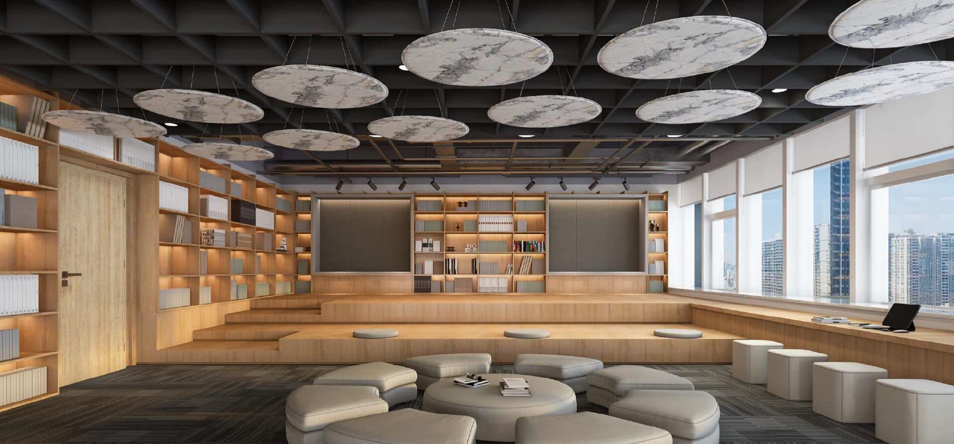 Circular acoustic clouds suspended over a bar