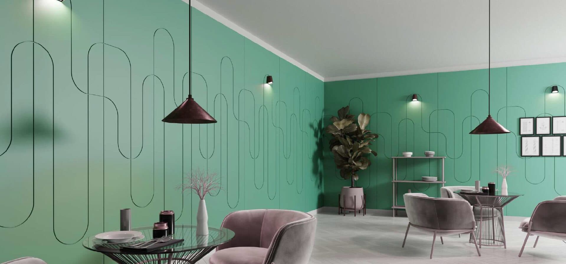Grooved acoustic wall panelling in a café interior