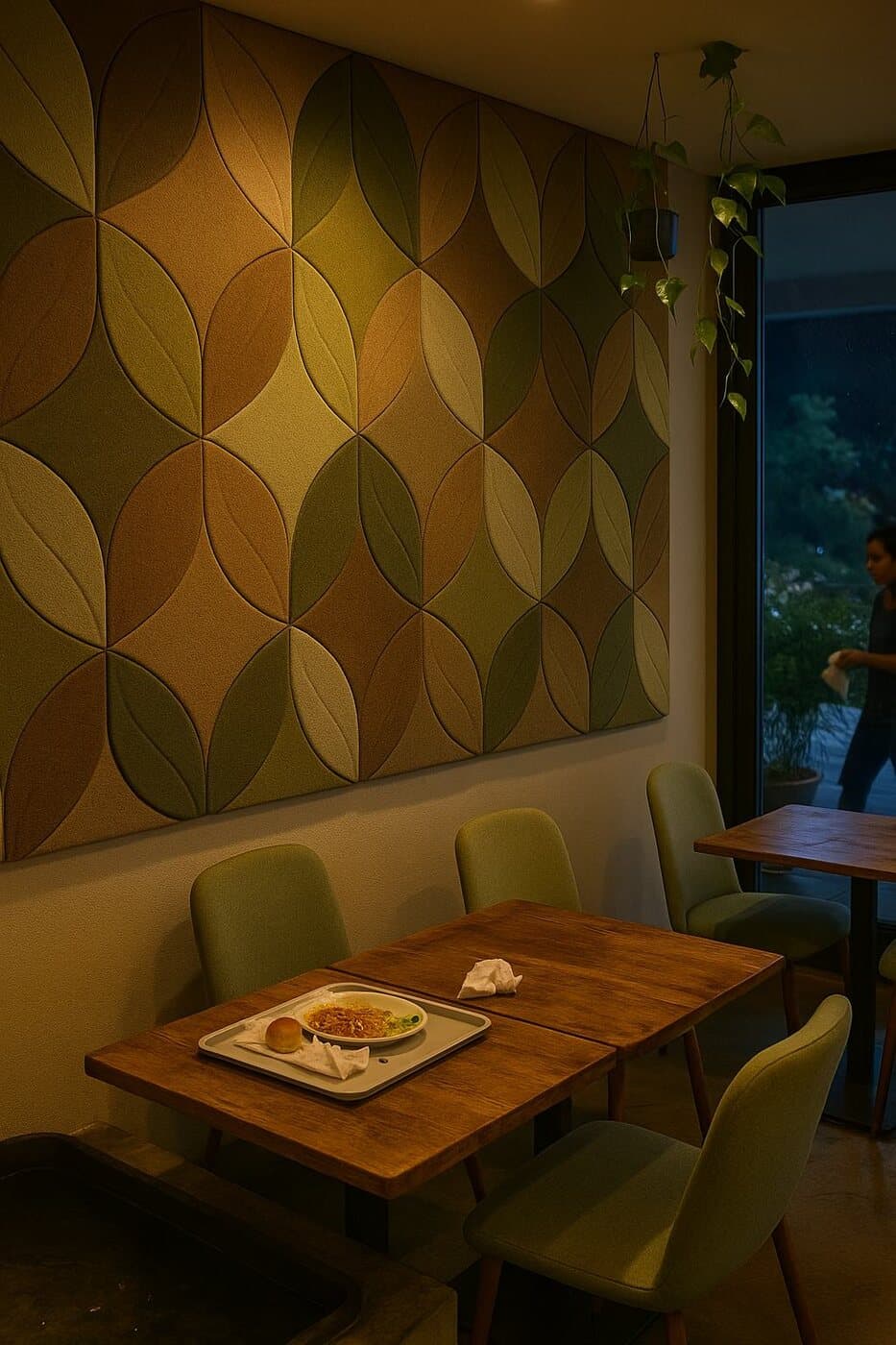 Sculpted leaf-pattern acoustic wall in a restaurant