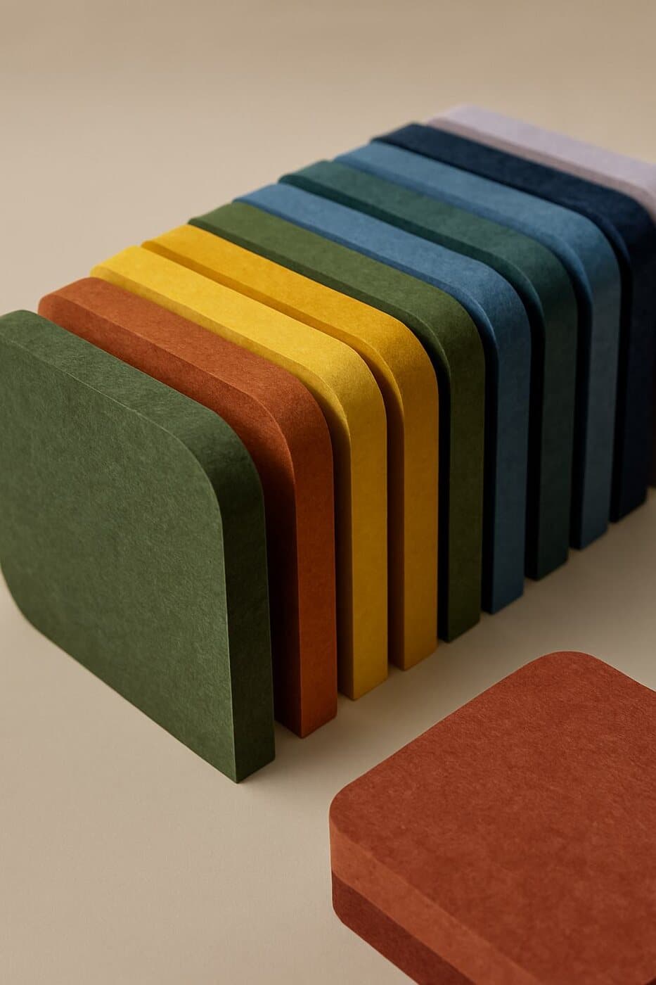 Stack of acoustic PET panels fanned out to show the colour range