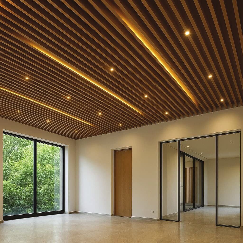 Empty room below a timber-finish metal baffle ceiling with integrated linear lighting