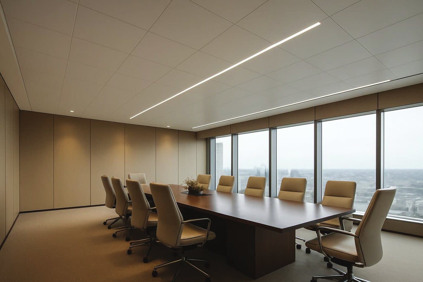 Boardroom below a concealed-grid clip-in metal ceiling with a recessed linear light