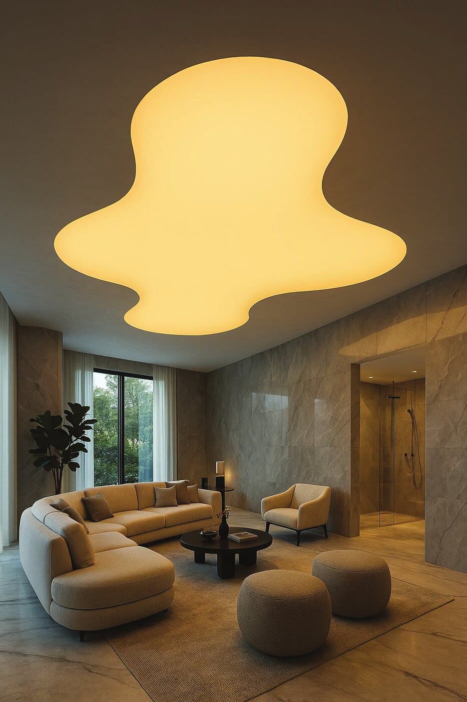 Freeform illuminated stretch luminaire above a residential lounge