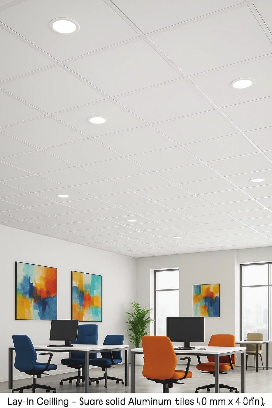 Exposed-grid lay-in metal ceiling in an open-plan office