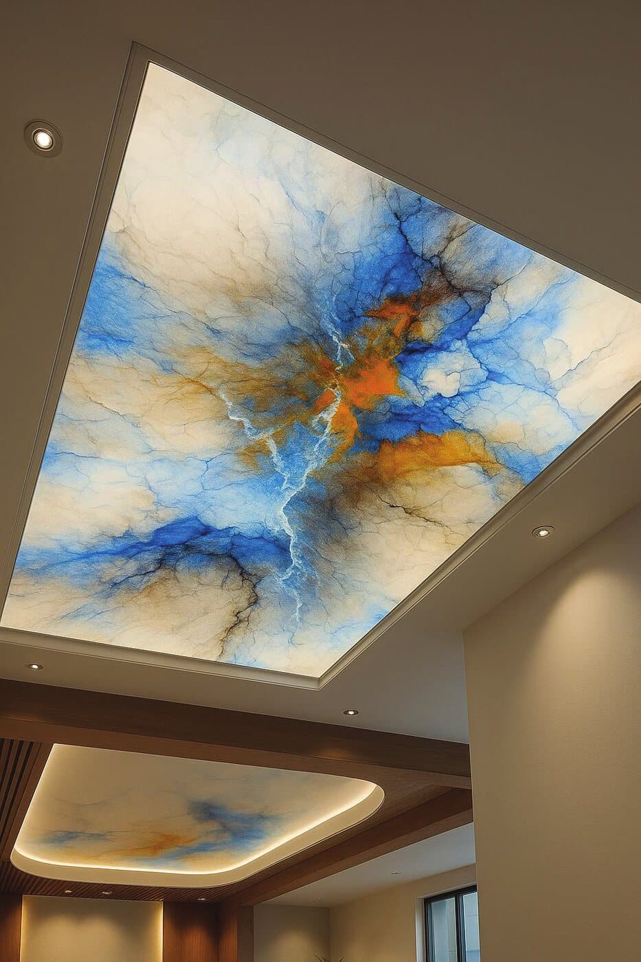 Printed stretch ceiling panel backlit above a corridor