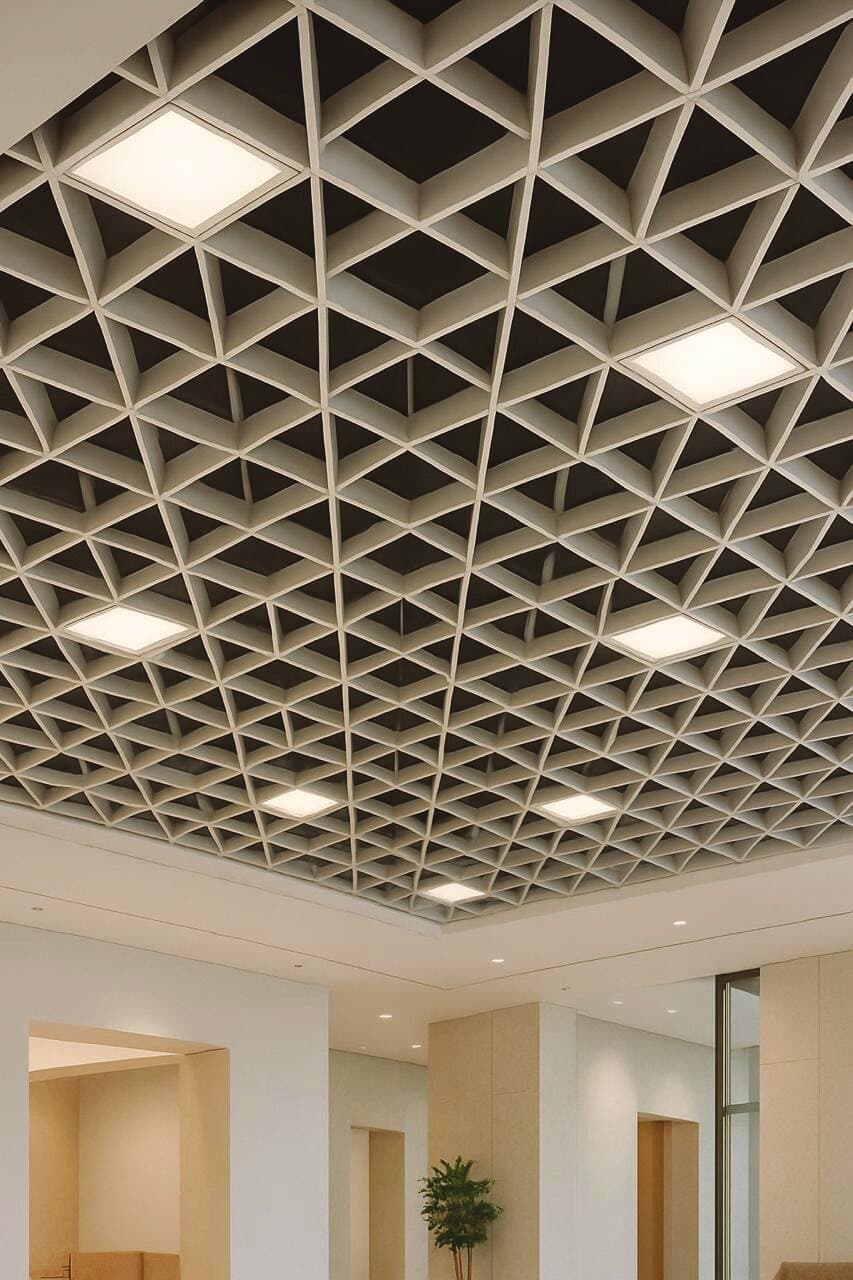 Triangular open cell metal ceiling with recessed lighting