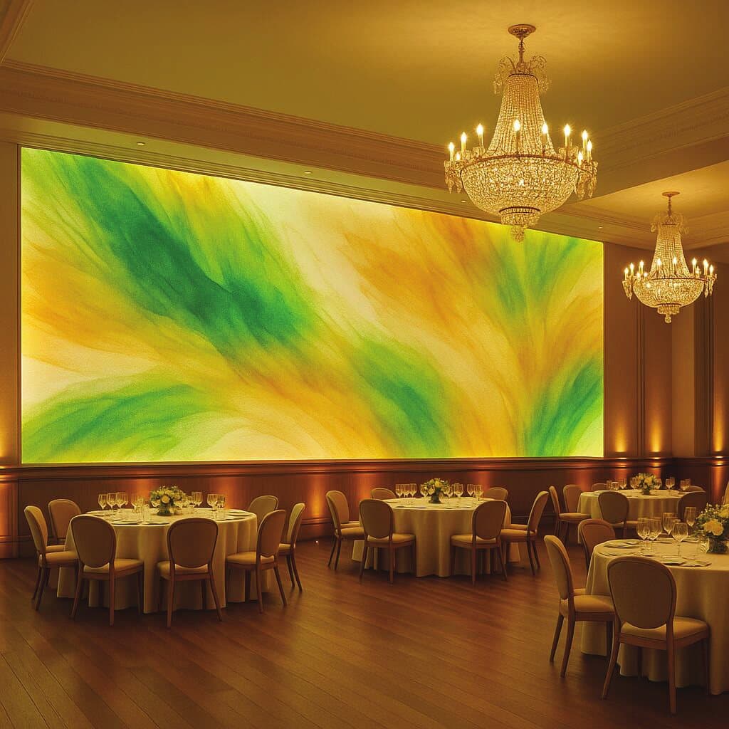 Printed Wall-Tex membrane spanning the end wall of a banquet hall