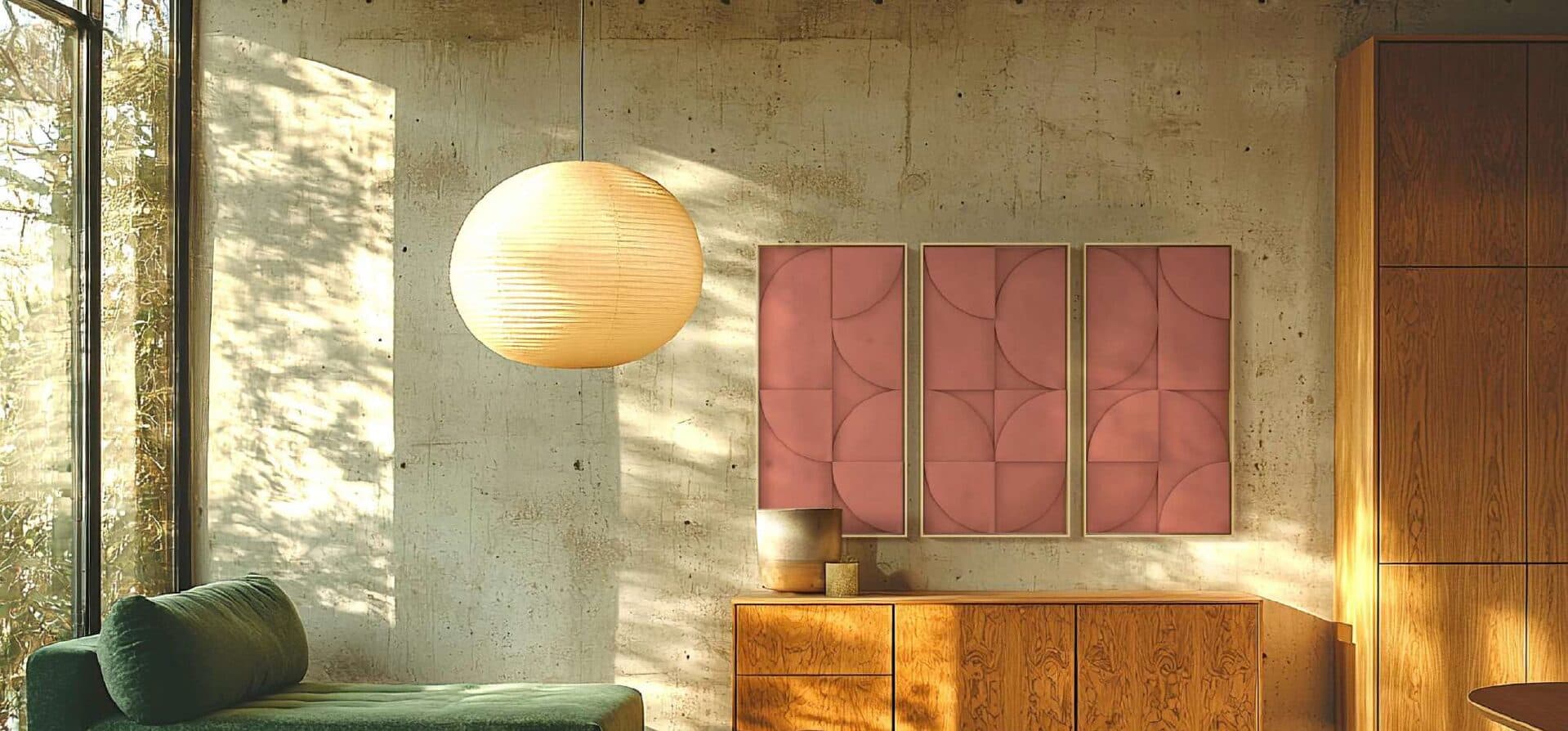 Concrete-walled lounge with sculpted acoustic wall panels lit by late afternoon sun
