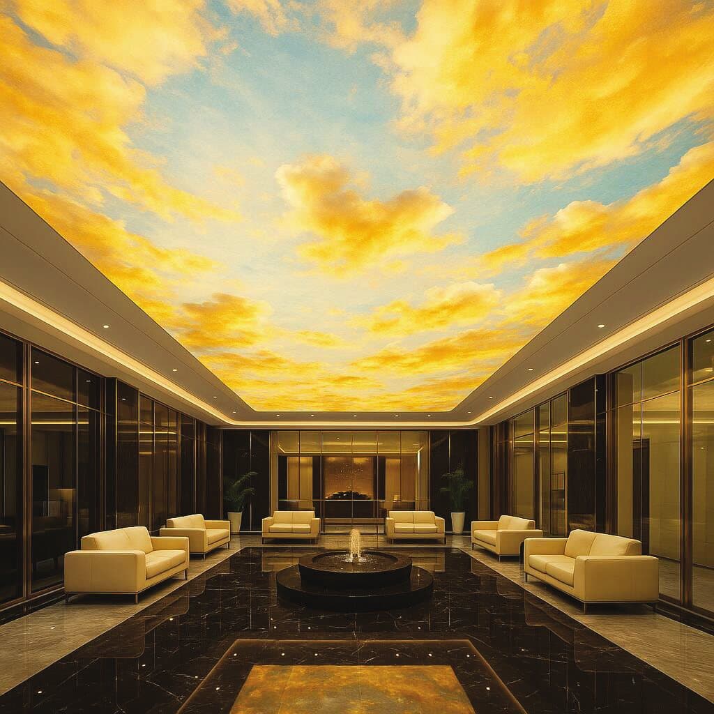 Hotel atrium lit from above by a printed stretch ceiling showing a bright cloudscape